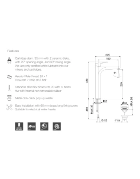 Μπαταρία Νιπτήρος Ψηλή με Βαλβίδα Clic-Clac | Fiore Kevon